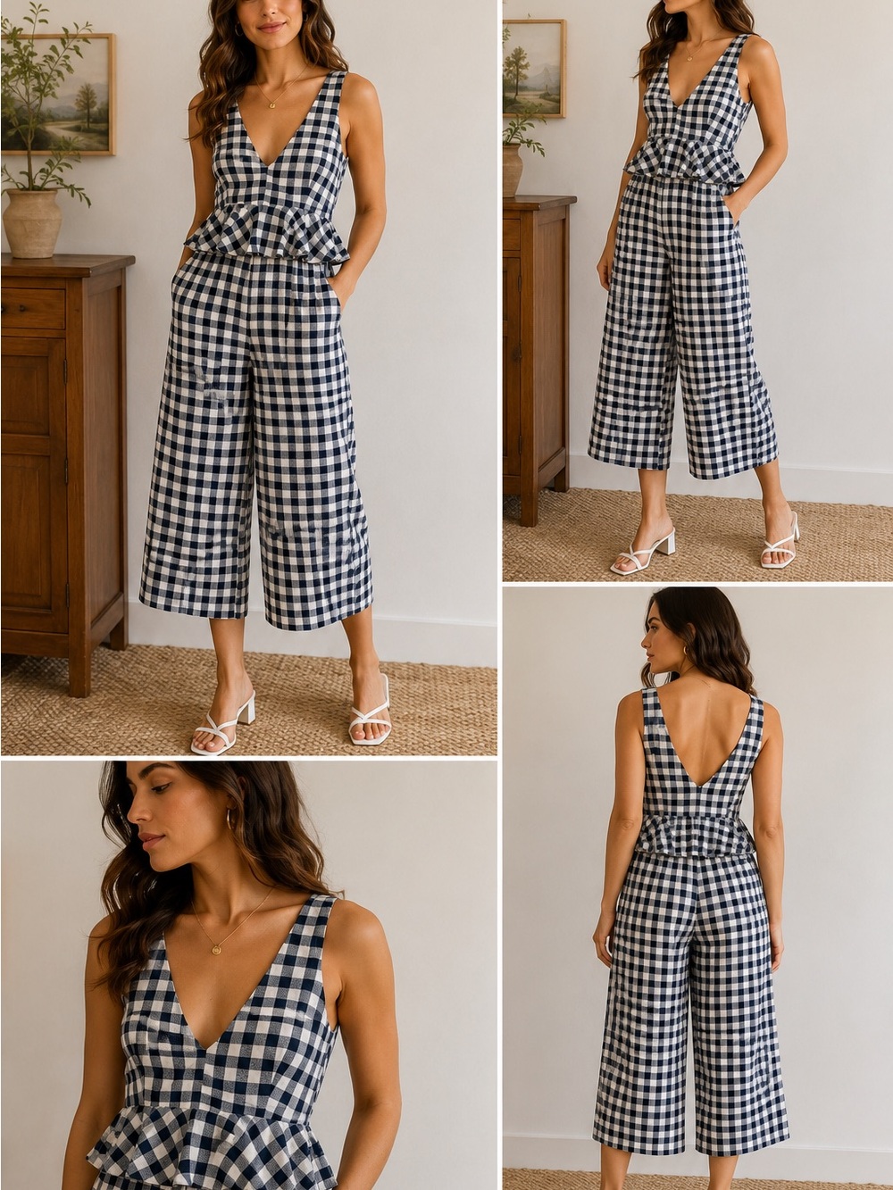 Lost Ink Navy Gingham Wide Leg Peplum Jumpsuit US 6